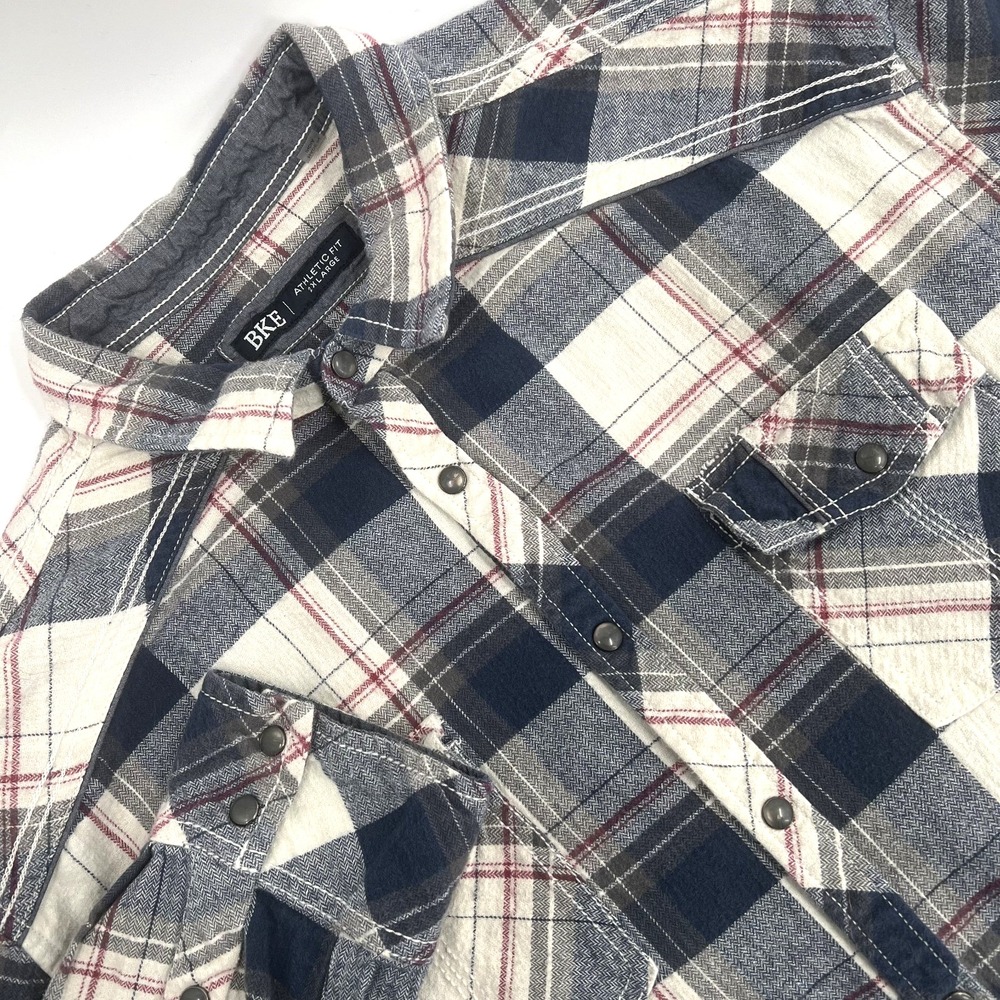 BKE Men's Size 2XL Athletic Fit Plaid Long-Sleeve Gray Pearl-Snap Flannel Shirt